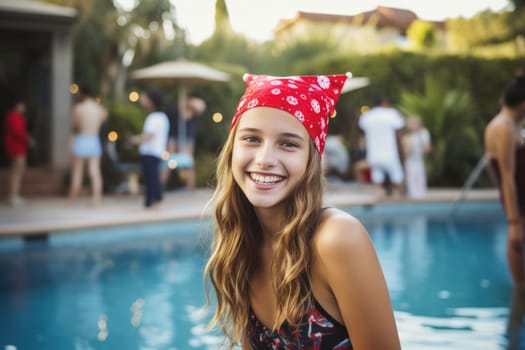 Celebrating christmas and new year in hot countries. portrait of a happy teen girl in santa hat celebrating christmas in pool party. AI Generated