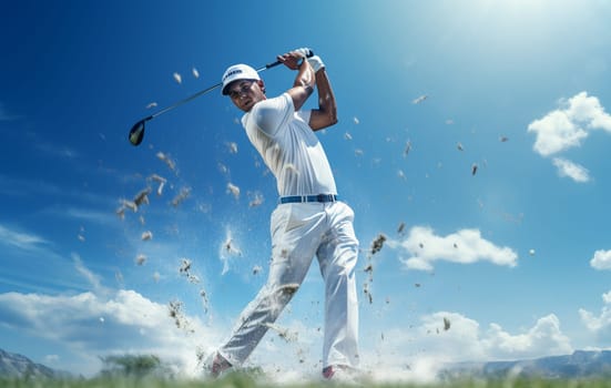 Golf player teeing off. Man hitting golf ball. High quality photo