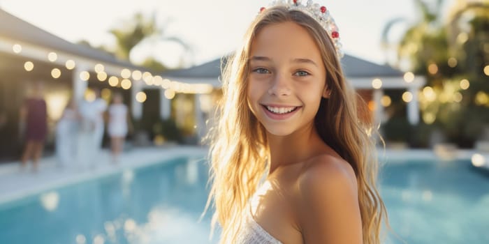 Celebrating christmas and new year in hot countries. portrait of a happy teen girl in santa hat celebrating christmas in pool party. AI Generated