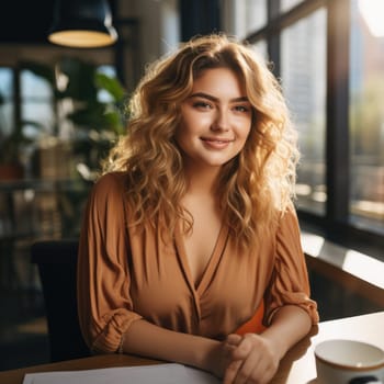 Business woman using laptop working at office. Generative AI.