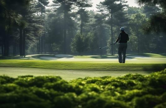 Golf player teeing off. Man hitting golf ball. High quality photo