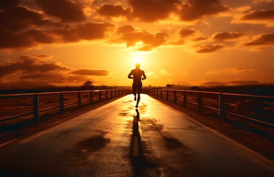 Silhouetted man running on country road over sunset . High quality photo