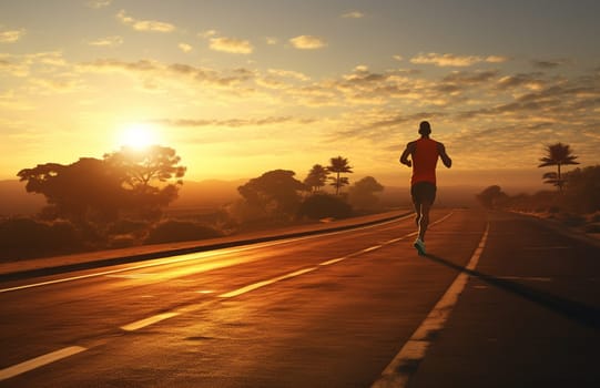 Silhouetted man running on country road over sunset . High quality photo