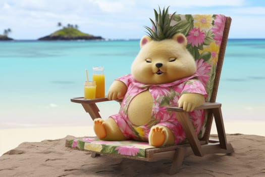 Chubby pet sitting beach chair at summer season. Generative AI.