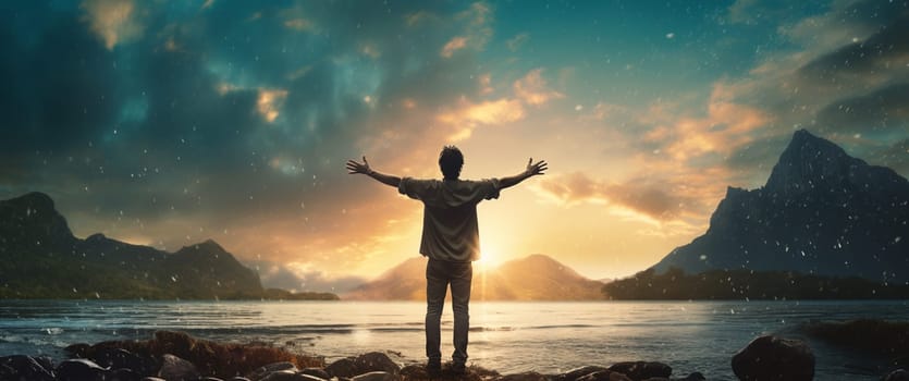 Silhouette man with hands rise up on beautiful view. Christian praise on hill thanksgiving day background. Man consumed by wanderlust nature standing open arms enjoying sun concept fun world wisdom. High quality photo