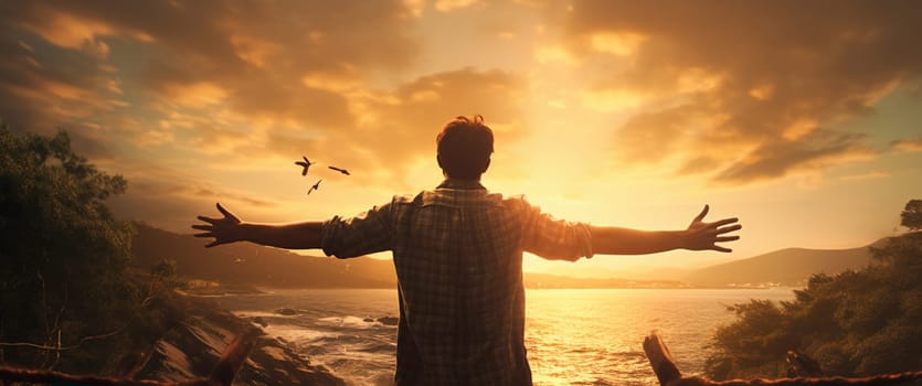 Silhouette man with hands rise up on beautiful view. Christian praise on hill thanksgiving day background. Man consumed by wanderlust nature standing open arms enjoying sun concept fun world wisdom. High quality photo