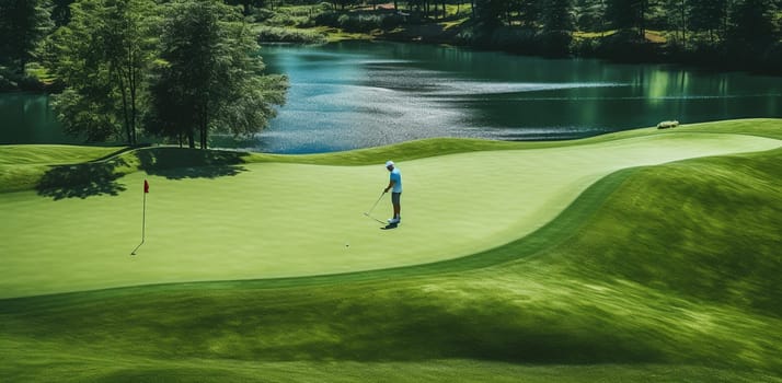 Golf player teeing off. Man hitting golf ball. High quality photo