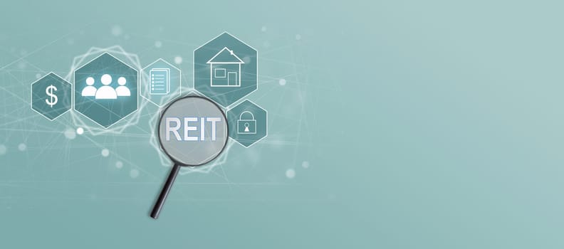 Concept of rising prices for real estate prices. Real estate prices. Growth chart. House Icon, and Red arrow with percent up.Magnifying glass.Blue background. Copy space. Business. Background. High quality photo