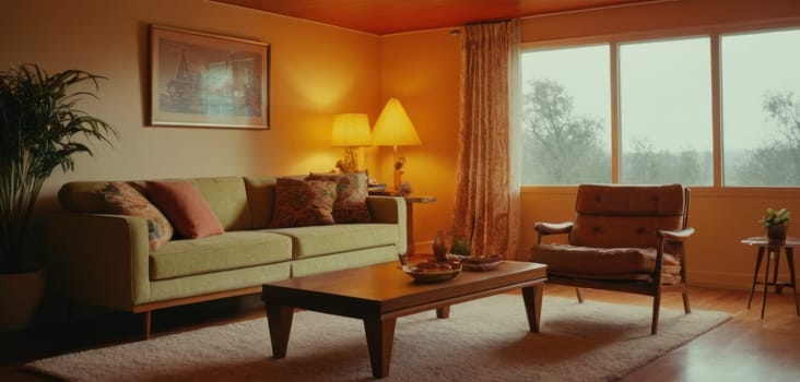 Vintage living room old fashioned sofa, retro furniture, AI generated