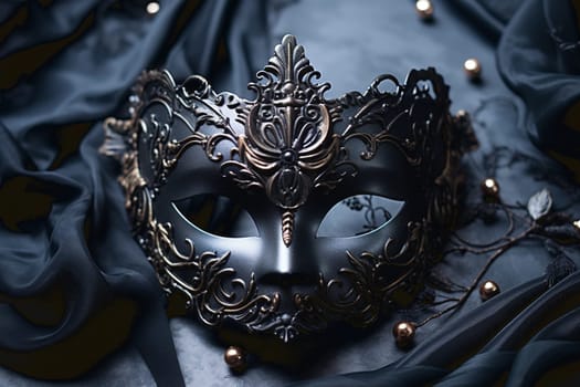 A portrait of a traditional venetian mask on a wooden surface appearing mysteriously out of the darkness. High quality photo