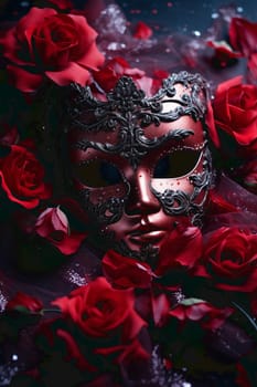 a mask and a rose on a black background. High quality photo