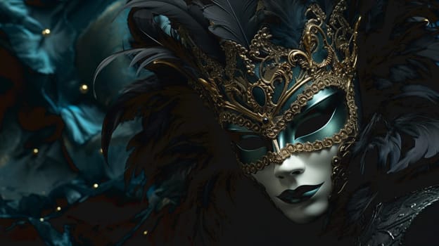 A portrait of a traditional venetian mask on a wooden surface appearing mysteriously out of the darkness. High quality photo