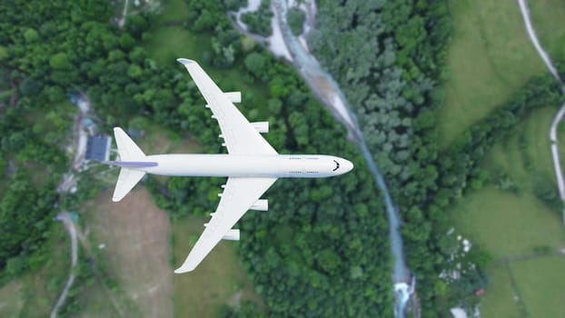 plane flies above the landscape. Side view of aircraft. Travel and transportation concept