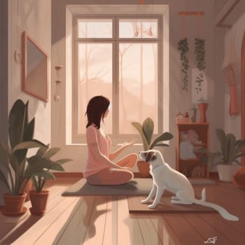 dog woman puppy fitness home lifestyle girl body practice exercising yoga flat sport relax cartoon training healthy health female position asana. Generative AI.