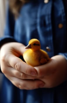 girl yellow duckling little fluffy easter hand child background close-up duck farm summer bird portrait adorable chicken garden animal nature. Generative AI.