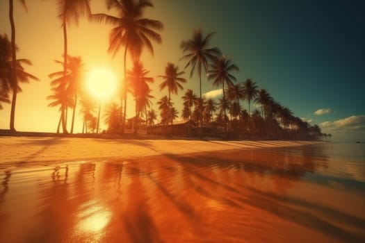 sky sunny sunrise cloud tranquil silhouette coast palm beach beautiful sun island sea sunset leaf ocean landscape surf sunlight water. Generative AI.