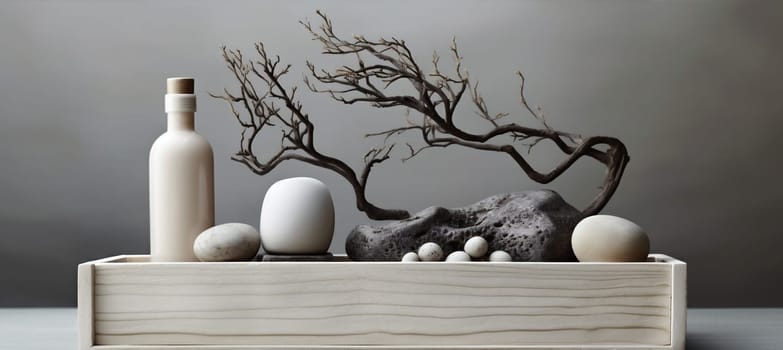 exhibition closeup presentation bottle branch tree cosmetic display minimalism rock template beauty trendy tree layout natural art sale white background product nature. Generative AI.