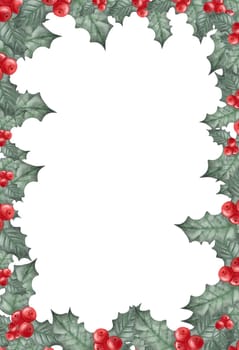Watercolor frame ready postcard template. Holly wreath with berries in a circle. Frame for Christmas invitation design.