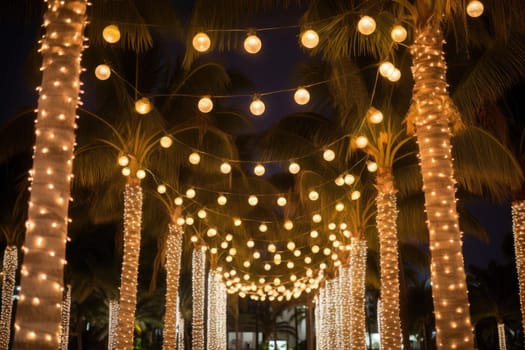 Celebrating christmas and new year in hot countries. Palm trees with christmas lights. AI Generated