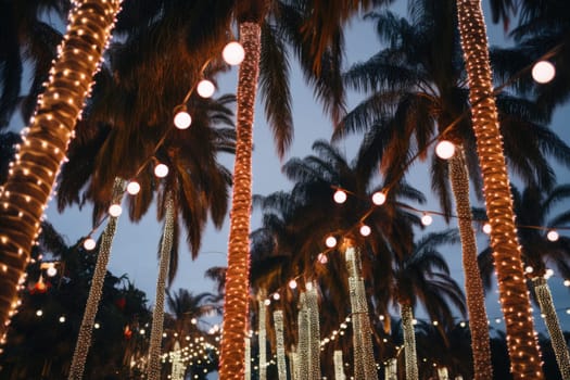 Celebrating christmas and new year in hot countries. Palm trees with christmas lights and decorations. AI Generated