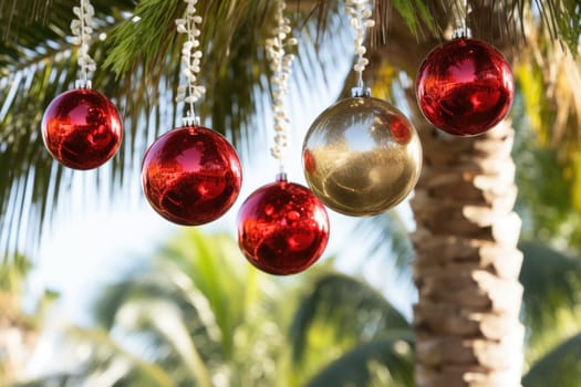 Celebrating christmas and new year in hot countries. Palm trees with christmas lights and decorations. AI Generated