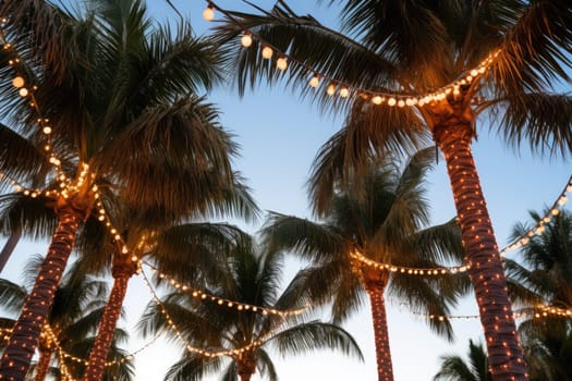 Celebrating christmas and new year in hot countries. Palm trees with christmas lights and decorations. AI Generated