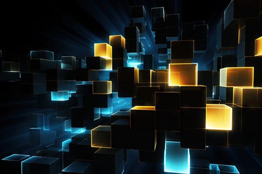 an abstract image of a glowing cubes and squares on a black background with a blue and yellow glow coming out of the center of the cubes..