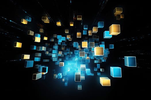 an abstract image of a glowing cubes and squares on a black background with a blue and yellow glow coming out of the center of the cubes..