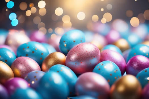Easter background with painted Easter eggs on a blue background with golden bokeh.