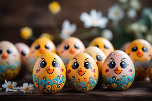 Easter eggs with painted chicks' faces on a wooden tabletop on a blurred background.