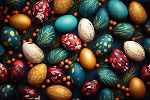 Easter eggs with beautiful patterns in the form of branches and leaves. Congratulatory Easter background.