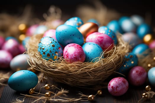 Colored quail eggs in a nest on a wooden surface on a blurred background. Easter background.