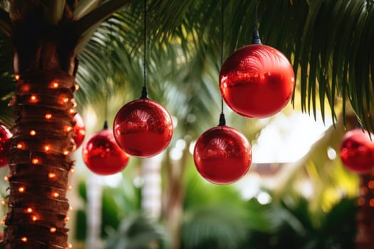 Celebrating christmas and new year in hot countries. Palm trees with christmas lights and decorations. AI Generated