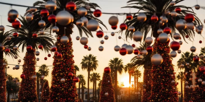 Celebrating christmas and new year in hot countries. Palm trees with christmas lights and decorations. AI Generated