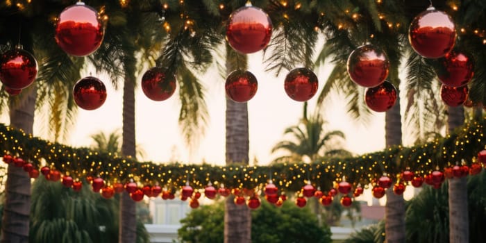 Celebrating christmas and new year in hot countries. Palm trees with christmas lights and decorations. AI Generated