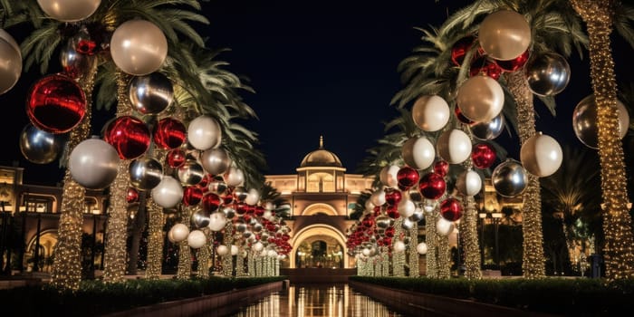 Celebrating christmas and new year in hot countries. Palm trees with christmas lights and decorations. AI Generated