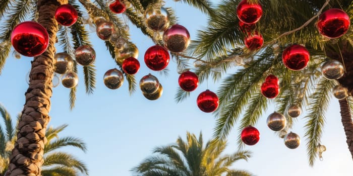 Celebrating christmas and new year in hot countries. Palm trees with christmas lights and decorations. AI Generated