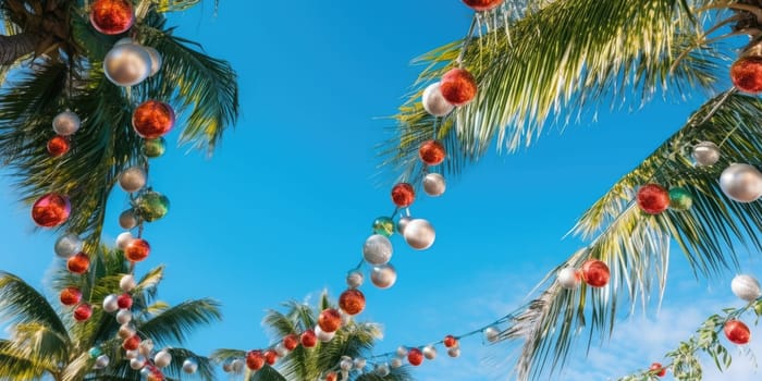 Celebrating christmas and new year in hot countries. Palm trees with christmas lights and decorations. AI Generated