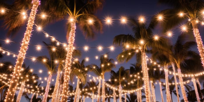 Celebrating christmas and new year in hot countries. Palm trees with christmas lights and decorations. AI Generated