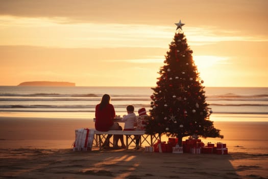 Celebrating christmas and new year in hot countries. Outdoor cafe of luxury tropical resort decorated for Christmas celebration. AI Generated