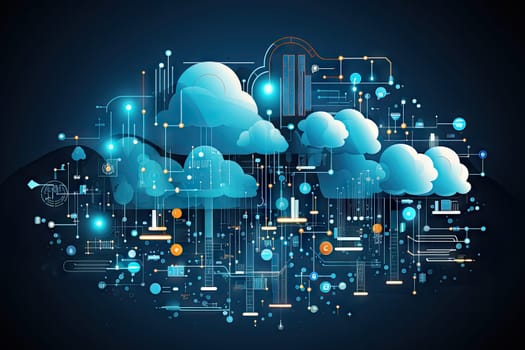 cloud computing, technology, future world,blue and yellow, internet, network, data, server, storage, virtualization, scalability, flexibility, reliability, security, software, hardware.