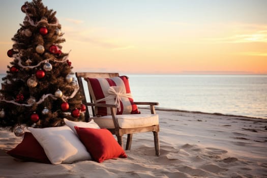 Celebrating christmas and new year in hot countries. Outdoor cafe of luxury tropical resort decorated for Christmas celebration. AI Generated