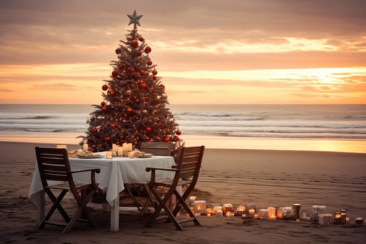 Celebrating christmas and new year in hot countries. Outdoor cafe of luxury tropical resort decorated for Christmas celebration. AI Generated