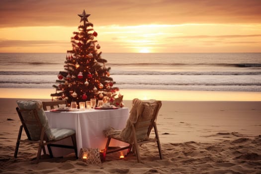 Celebrating christmas and new year in hot countries. Outdoor cafe of luxury tropical resort decorated for Christmas celebration. AI Generated