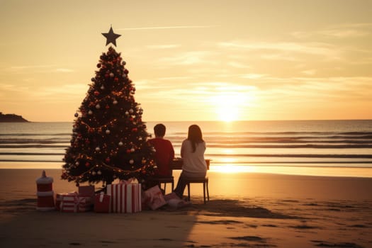 Celebrating christmas and new year in hot countries. Outdoor cafe of luxury tropical resort decorated for Christmas celebration. AI Generated