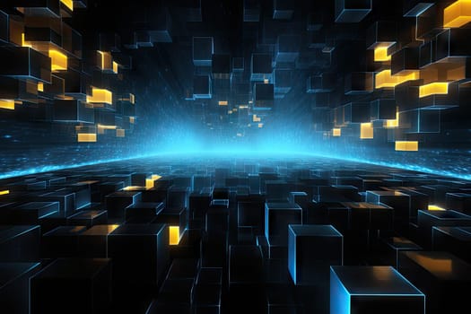 an abstract image of a glowing cubes and squares on a black background with a blue and yellow glow coming out of the center of the cubes..