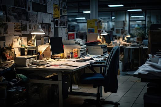 Picture of a dim workplace Filled with many documents Office after employees get off work by Generated AI.