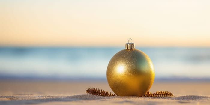 golden fir tree decoration ball on sandy beach, Tropical christmas and New Year celebration. AI Generated