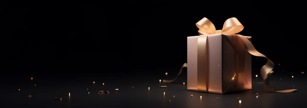 Glowing Gift box with shining light gold and black background illustration. Copy space. Sparkling festive present with Bow and ribbon Space for text