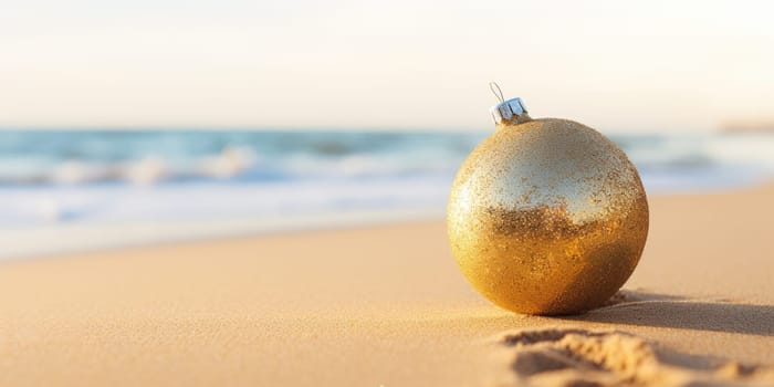 golden fir tree decoration ball on sandy beach, Tropical christmas and New Year celebration. AI Generated